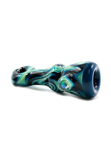 Simple Glass - Blue Green Black Fully Worked Chillum with Encased Opal (3.25
