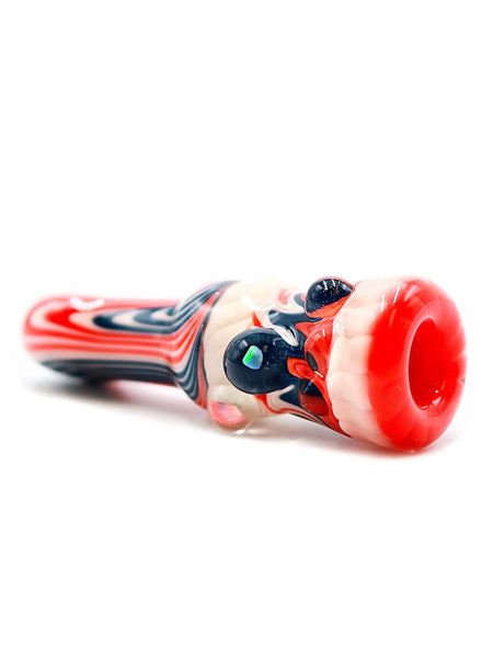 Simple Glass - Red White Blue Fully Worked Chillum with Encased Opal (3.25")