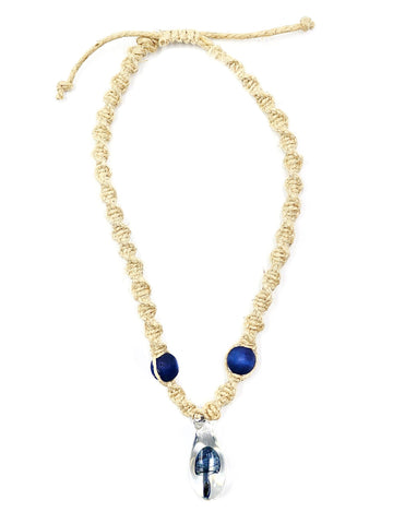 Three Trees Glass - Blue Fumed Mushroom Teardrop with Beaded Woven Hemp Necklace