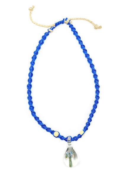 Green mushroom glass teardrop pendant on a blue hemp woven necklace, for sale at High Roller Smoke in Lakewood, Colorado. 