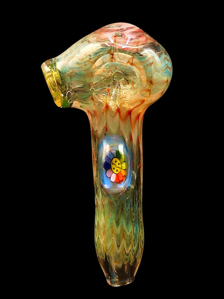 4 inch glass hand pipe featuring wrap-n-rake fumed tubing and Murakami millie encased on top, available for sale at High Roller Smoke in Lakewood, Colorado.