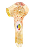 Top View: 4 inch glass hand pipe featuring wrap-n-rake fumed tubing and Murakami millie encased on top, available for sale at High Roller Smoke in Lakewood, Colorado.