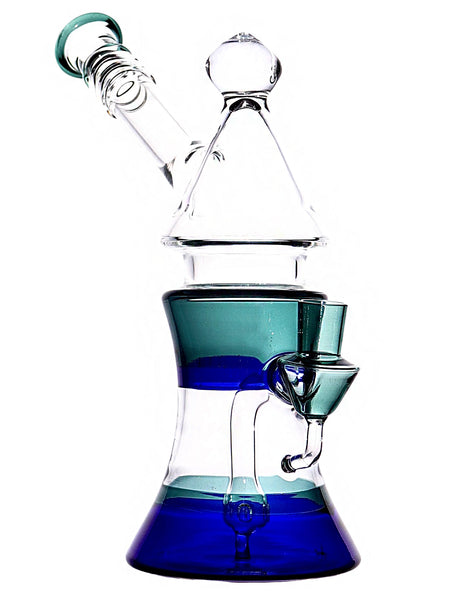 Glass water rig with a two-hole diffuser and color band accents available for sale at High Roller Smoke n Lakewood, Colorado. 