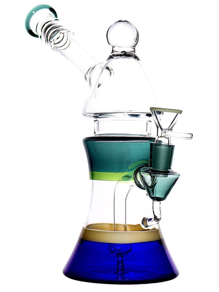 Glass water rig with a two-hole diffuser and color band accents available for sale at High Roller Smoke n Lakewood, Colorado. 