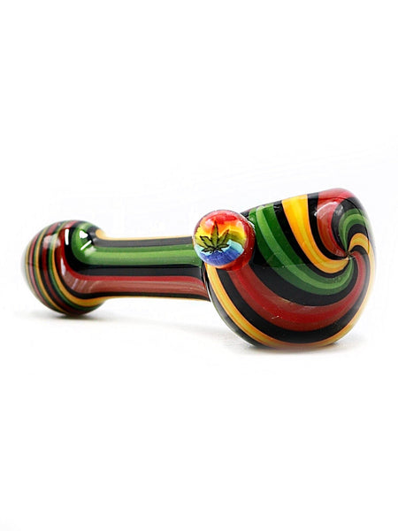 Vulcan Glass Art - Rasta Line Work with Leaf Mille Hand Pipe Spoon (4")