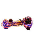 Fumed glass XL hand pipe with blue swirls and accent dots available for sale at High Roller Smoke in Lakewood, Colorado. 
