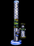 Nathan (N8) Miers and Luke Wilson (Lesire Glass) 2022 collaboration glass straight tube water pipe, featuring N8's signature space tubing with Wilson's hypnotech tubing, and a matching ash catcher, available for sale at High Roller Smoke in Lakewood, Colorado. 