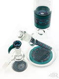 OJ Flame - Worked Beaker With Matching Downstem, Horned Slide, and Dry Ash Catcher (14") Aqua Blue Teal Base