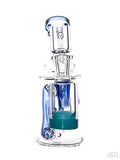 Crystal Glass - Mini Color Accented Recycler with Glow-In-the-Dark Silicone Reclaim Catcher (6") Blue Front