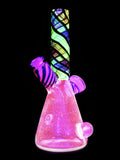 GlassByWho Chaos UV Beaker Tube with Opals Marbles Illuminati 10mm Dab Rig on Black with Green and Pink UV Shown