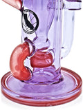 Mav Glass Monterey Waffle Mini Recycler 8" Height Ruby Red and Purple Coloring Klein Recycler Table Top Base Thick glass thick joint Maria splashguard Mav logo maverick glass recycler