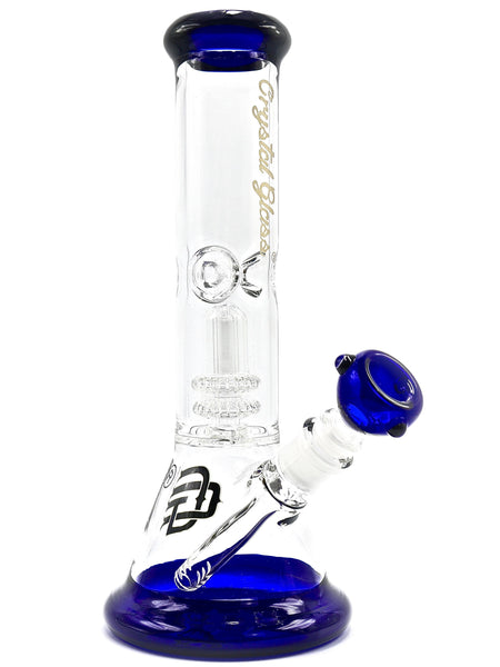 Crystal Glass Colored Mouthpiece and Base and Bowl Logo Double Showerhead Ice Catcher Blue
