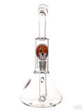 Zob Glass - Beaker Wubbler with Stemless Inline Diffuser and 8-Arm Tree Perc Orange Circle Label Front